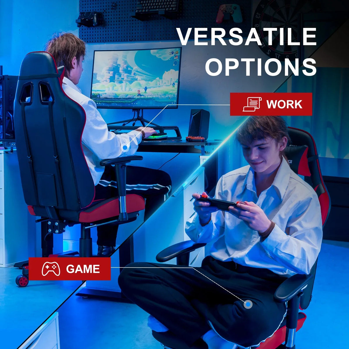 2026 NewGTRACING Gaming Chair, Ergonomic Office Desk Chair with Lumbar Support, PU Leather, Footrest & Adjustable Headrest, Red