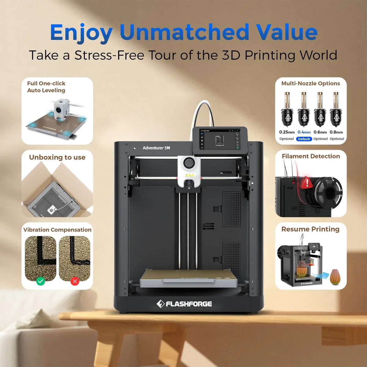 2026 NewFlashforge Adventurer 5M 3D Printer, Fully Auto Leveling & 600mm/s High Speed Printing, Black