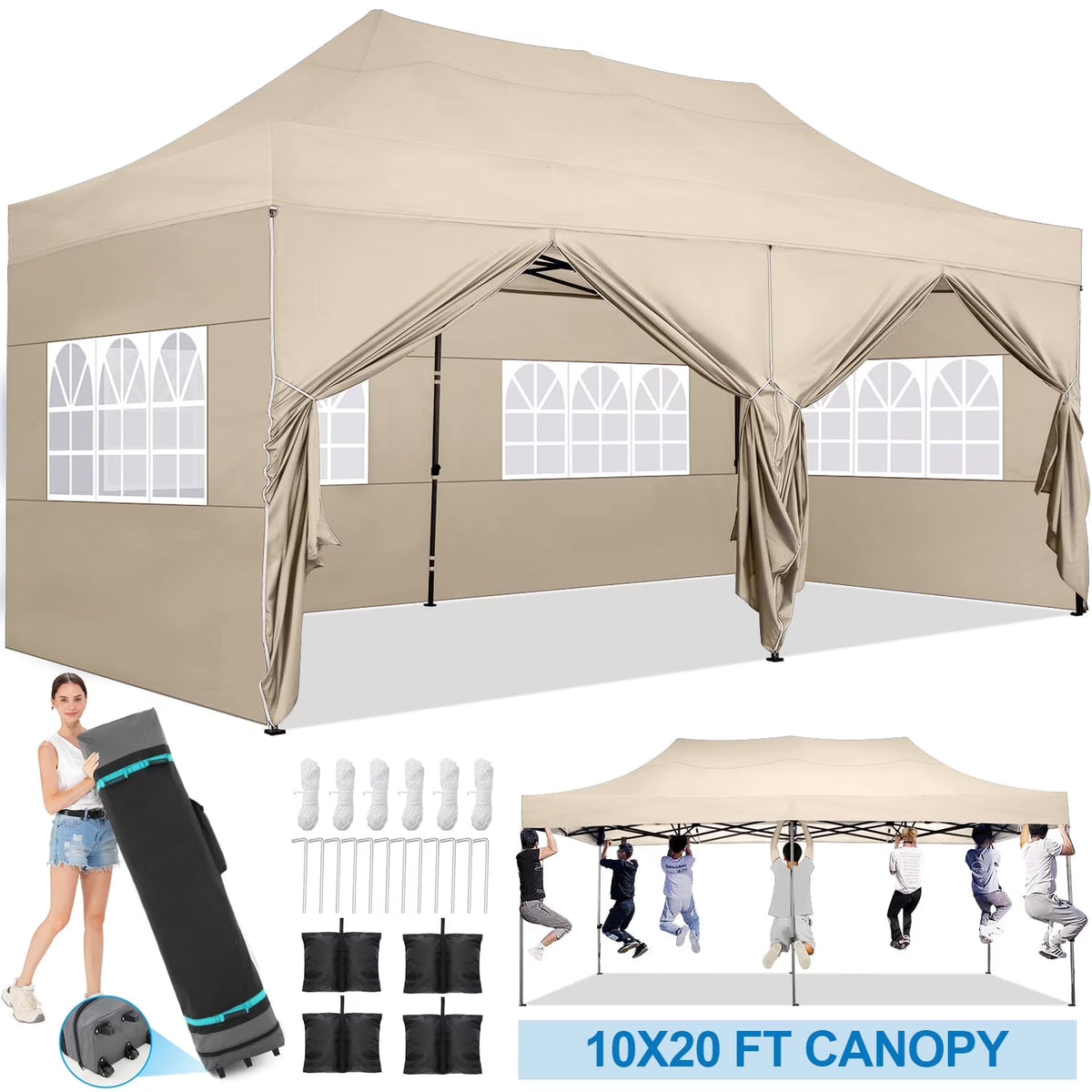 SANOPY 10'x20' Pop Up Canopy Waterproof Folding Tent Outdoor Easy Set-up Instant Tent Heavy Duty Commercial Wedding Party Shelter with 6 Removable Sidewalls, 4 Sandbags, Roller Bag, Black