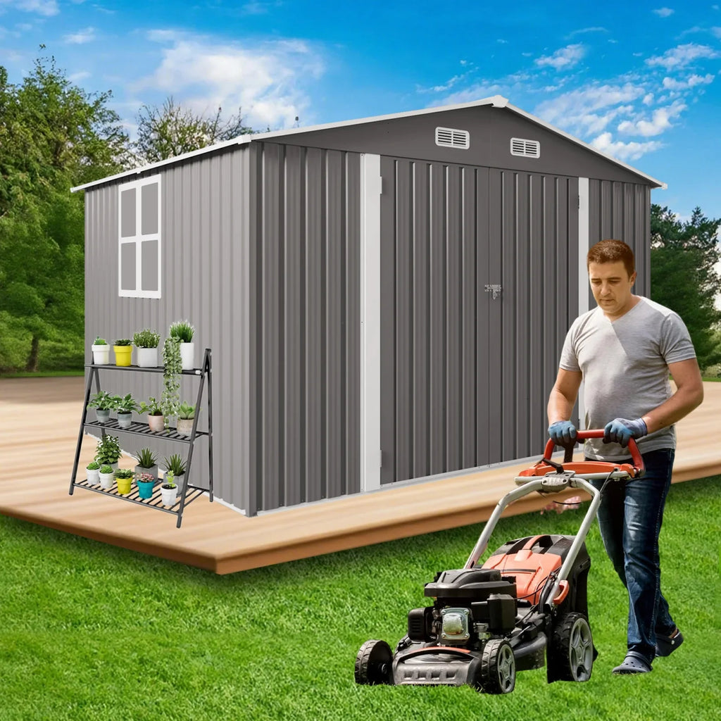 2026 New10 x 8 FT Outdoor Storage Shed, Large Metal Storage Shed, Lockable Door and Air Vent, Clear Window Garden Tool Shed for Bicycles, Tools, Lawnmowers, Backyards, Patios, Lawns - Gray