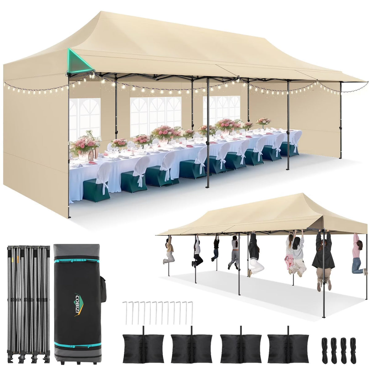 COBIZI 10x20 Pop Up Canopy Heavy Duty Party Tent with Removable Awning and Sidewalls,Easy Up Outdoor Wedding Canopy,Gazebo All Season Windproof&Waterproof with Roller Bag UPF 50+,Black