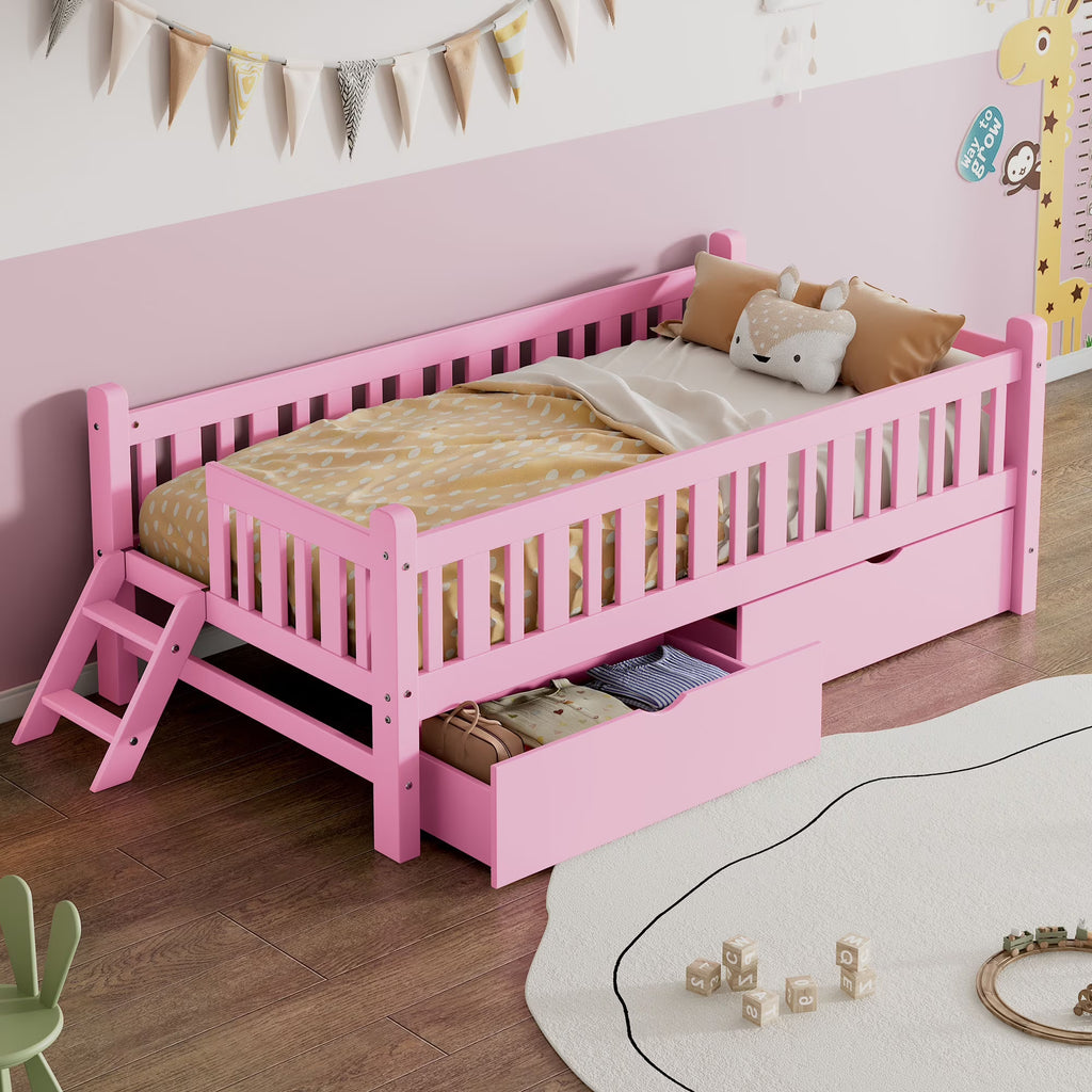 2026 NewEuroco Wood Twin Size Platform Bed with 2 Drawers and Ladder for Kids and Toddlers, White