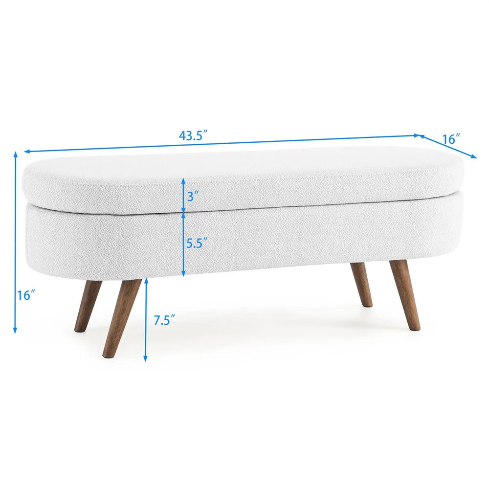 2026 New43.5" Oval Storage Ottoman Bench with Solid Wood Legs, Linen Fabric Upholstered Entryway Bench with Safety Hinge, Indoor Bench for End of Bed, Sofa Side, Entryway