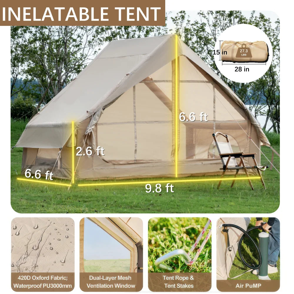 Oufan Inflatable Tents for Camping, Blow Up Tent with Hand Pump, Easy Setup 4 Season Waterproof Outdoor Tent, with 12 Mesh Window and Oxford Air Glamping Tents for Camping Adult 4-6 Person, Beige