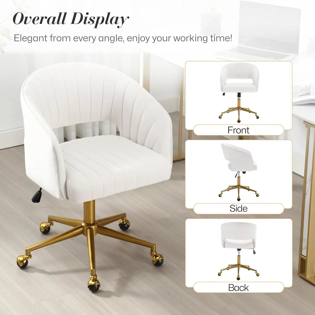 2026 NewHome Office Swivel Desk Chair, Modern Velvet Vanity Chair, Height Adjustable Armchair with Gold Base, Ergonomic Office Chair for Task Study Computer Room, Beige