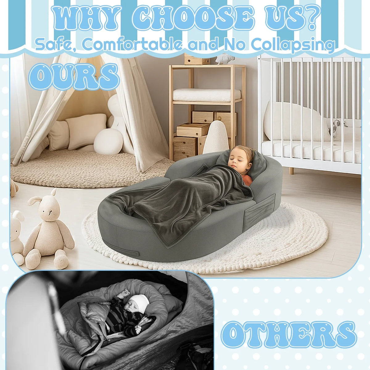 2026 NewCoumy Toddler Travel Bed 2-in-1 Kids Sofa Chair with Removable Cover, Soft Foam Portable Foldable Toddler Bed for Travel with Carrying Bag, Blue
