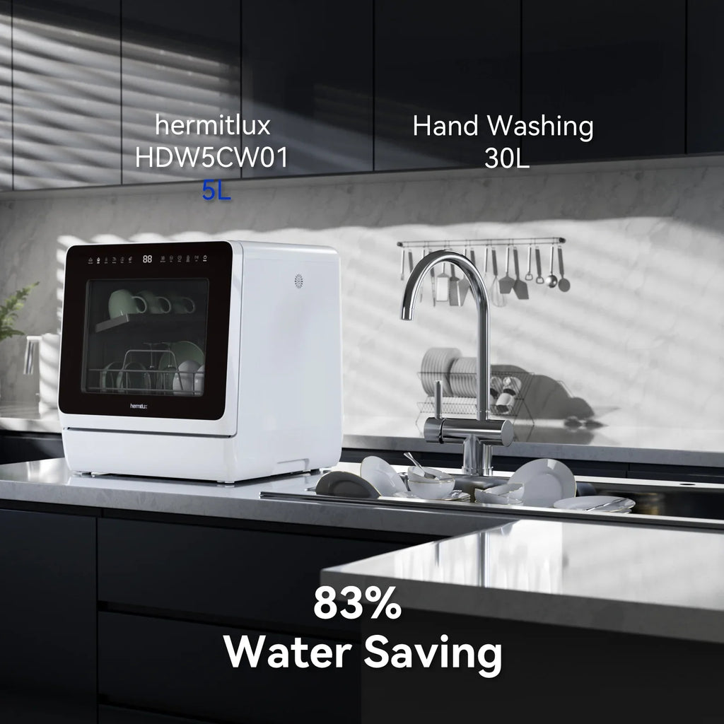 2026 NewHermitlux Portable Countertop Dishwasher, 5 Washing Programs, 5L Built-in Water Tank and Air-Dry Function, HMX-DW03