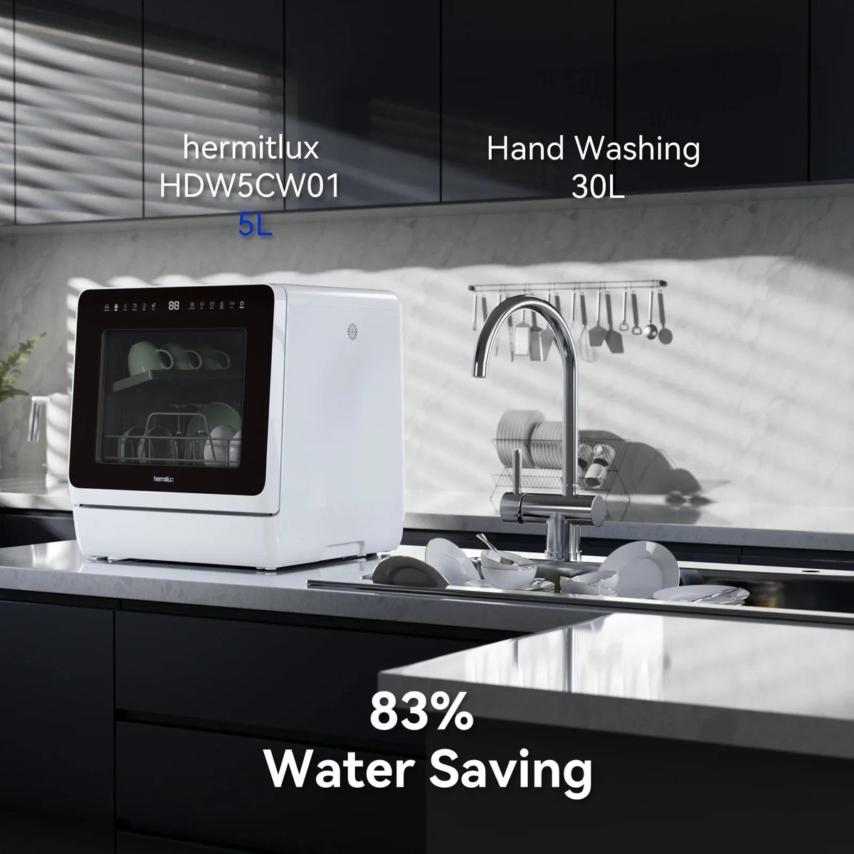 2026 NewHermitlux Portable Countertop Dishwasher, 5 Washing Programs, 5L Built-in Water Tank and Air-Dry Function, HMX-DW03