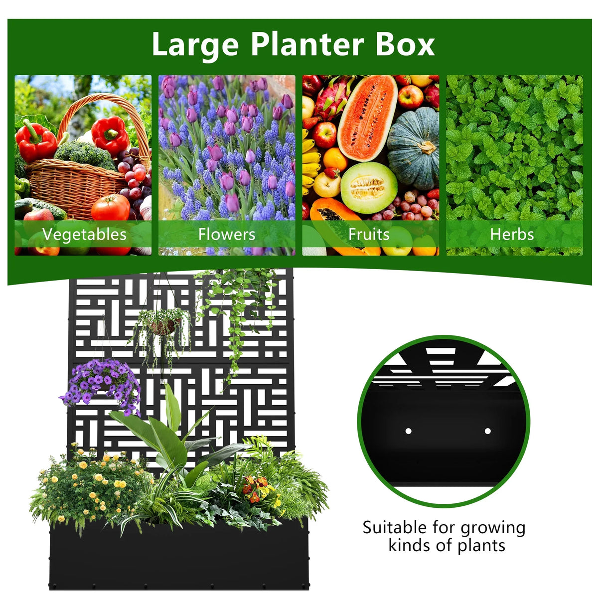 2026 NewFOOWIN 71'' H Metal Planter with Trellis, Outdoor Raised Garden Bed for Climbing Plants, Trellis Planter Box with Drainage Hole, Black