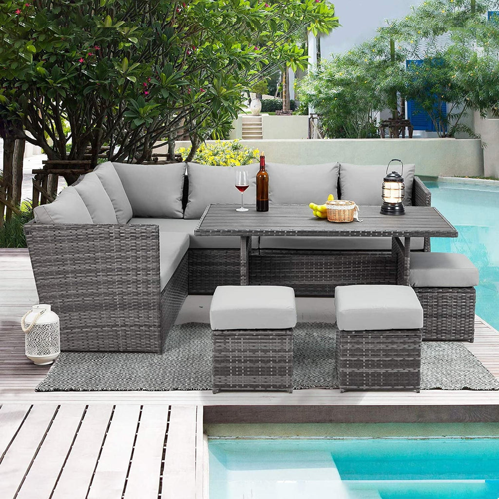 2026 NewAECOJOY 7 Piece Patio Furniture Set PE Rattan Outdoor Dining Set Sectional Sofa Couch with Table Patio Conversation Set in Gray