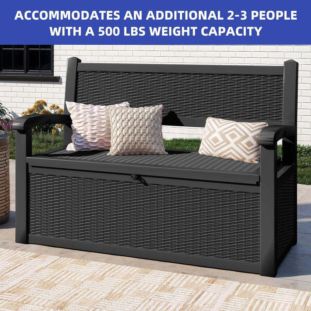 2026 NewModFusion 70-Gallon Outdoor Resin Storage Cabinet with Rattan Backrest – Waterproof Patio Bench Seat, 500 lbs Capacity, Black