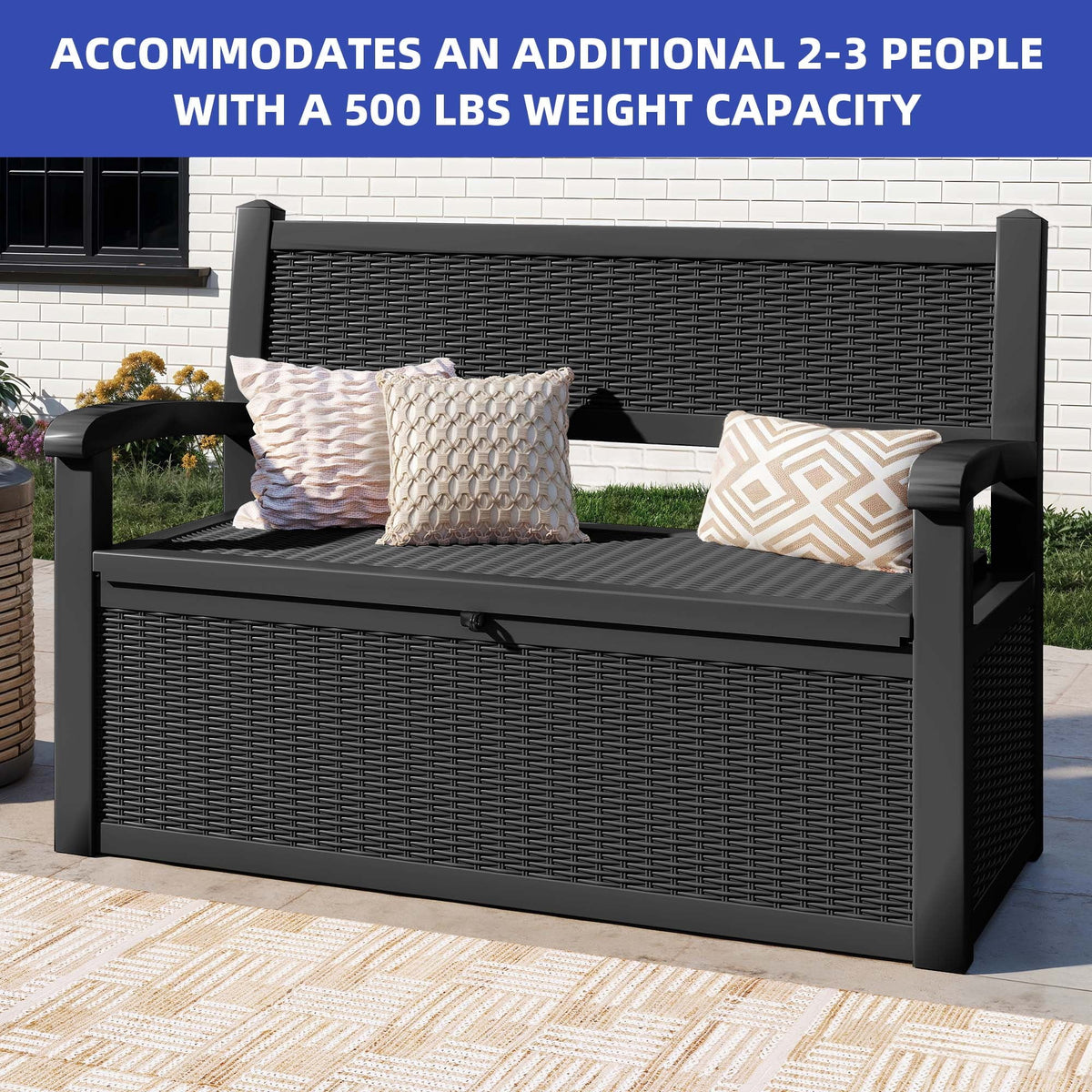2026 NewModFusion 70-Gallon Outdoor Resin Storage Cabinet with Rattan Backrest – Waterproof Patio Bench Seat, 500 lbs Capacity, Black
