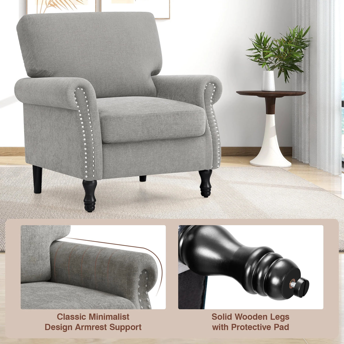 2026 NewCOOLHUT Modern Accent Chair Armchair, Linen Fabric Upholstered Comfy Single Sofa with Solid Wood Frame for Living Room, Gray