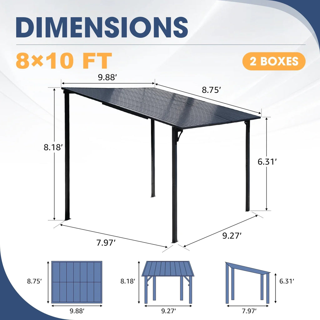 2026 New8' x 10' Outdoor Pergola Gazebo, Lean to Awnings Gazebos, Heavy Duty Hard Top Metal Pergola with Roof, for Patio, Backyard, Decks, Poolside