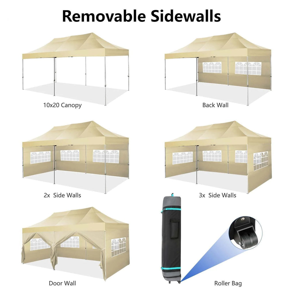 COBIZI 10x20 Heavy Duty Pop up Canopy Tent with 6 sidewalls Easy Up Commercial Outdoor Canopy Wedding Party Tent for Beach All Season Wind & Waterproof Gazebo with Roller Bag,Black(Frame Thickened)