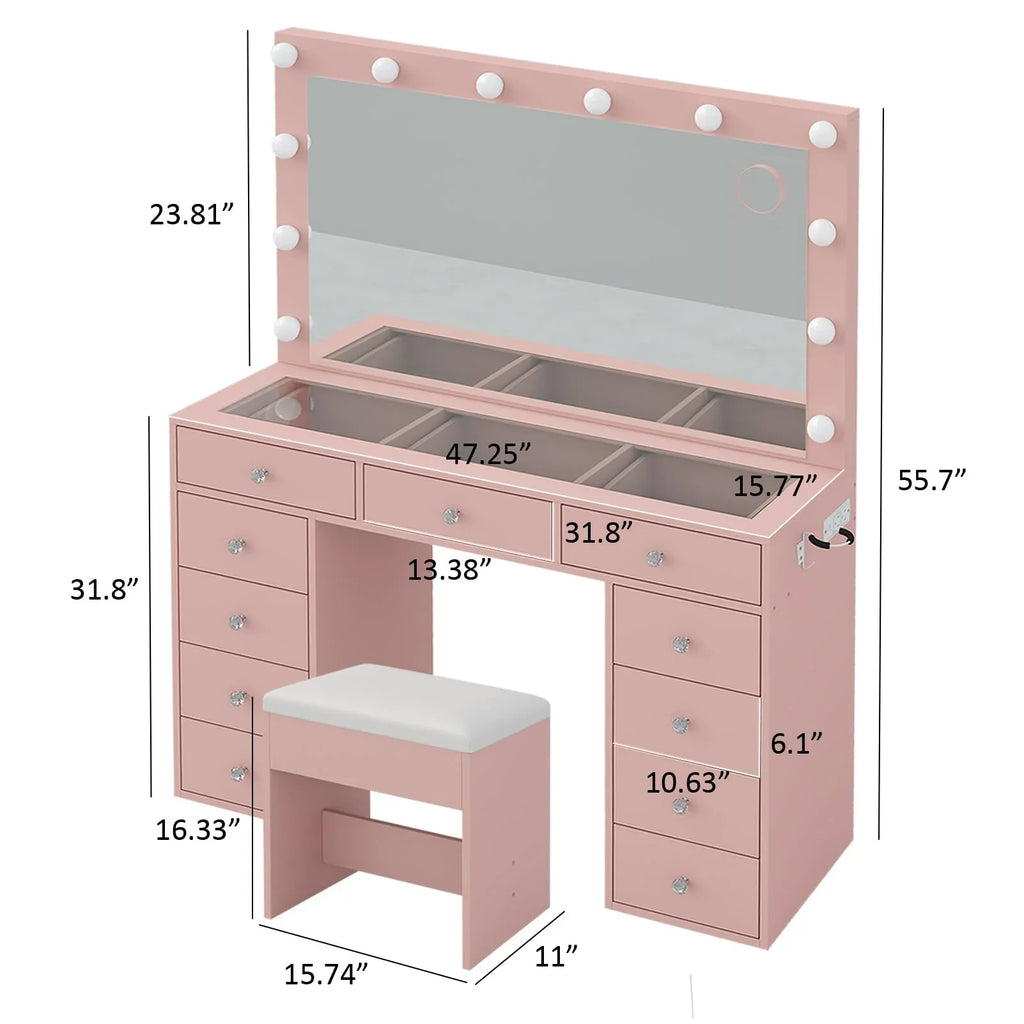 2026 NewWhite Vanity Desk with Illuminated Mirror & Power Outlet, 11 Drawers Vanity Table with Chair, Makeup Vanity with 12 LED Lights, Tempered Glass Top, Dressing Table for Bedroom,Dressing Room