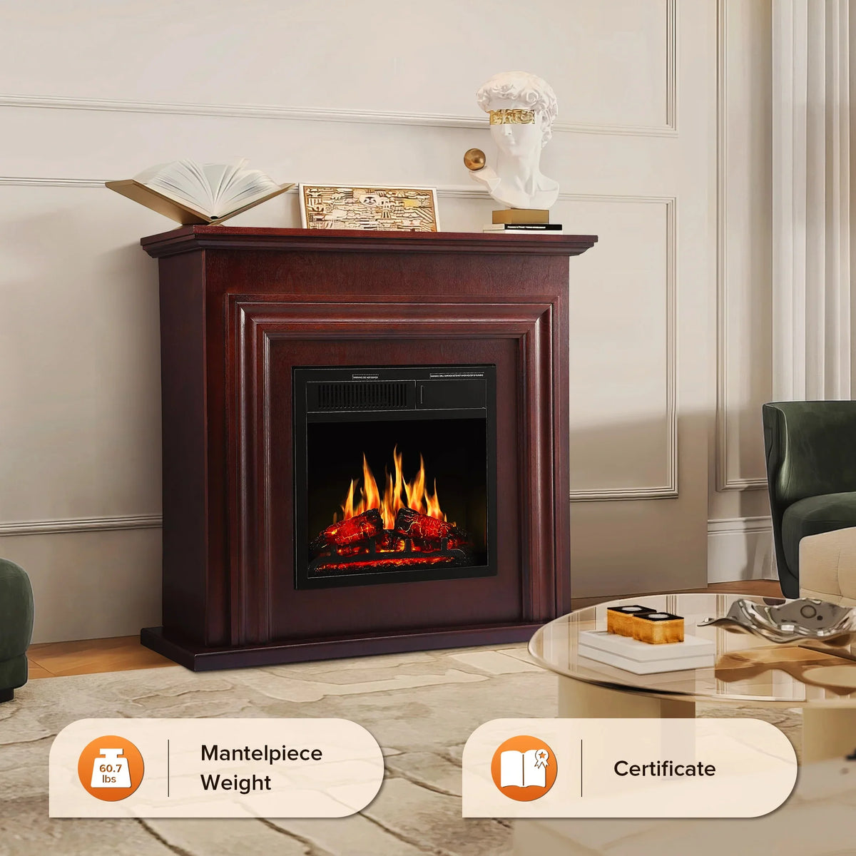 2026 NewKISSAIR Electric Fireplace Mantel Wooden Surround Firebox, Free Standing Fireplace, with Remote Control, Adjustable LED Flame, 750W/1500W -White