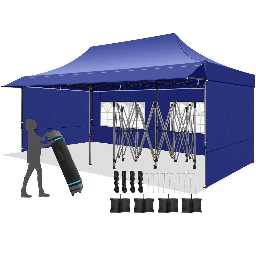 COBIZI 10x20 Pop Up Canopy Heavy Duty Party Tent with Removable Awning and Sidewalls,Easy Up Outdoor Wedding Canopy,Gazebo All Season Windproof&Waterproof with Roller Bag UPF 50+,Black