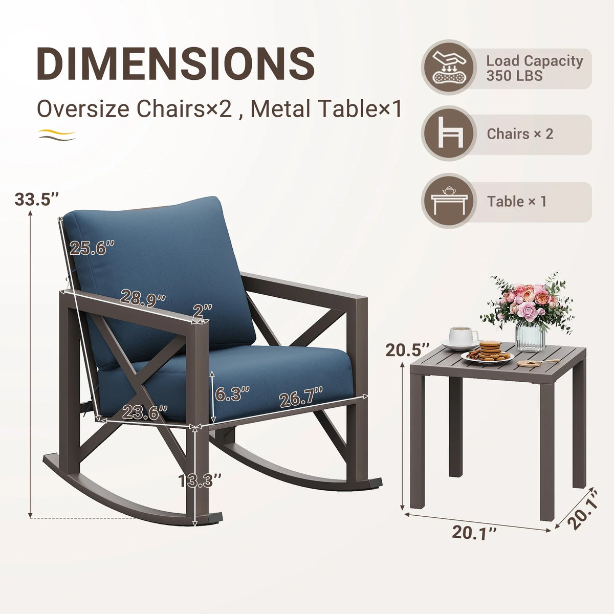 2026 NewMRUAKA Rocking Chair Bistro Set,3 Piece Outdoor Patio Furniture Set with 2 Rockers and 1 Metal Coffee Table with Thick Cushions for Porch,Backyard,Poolside,Beige