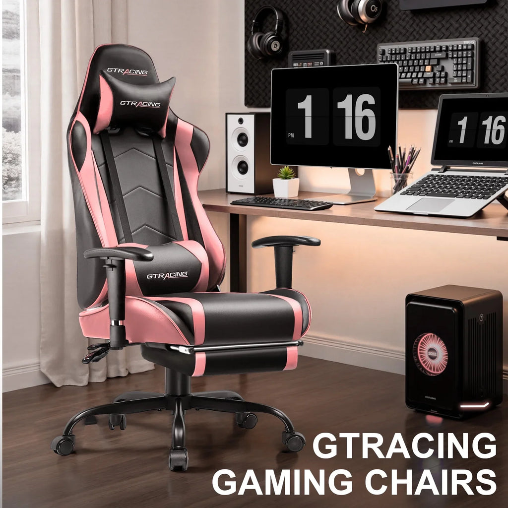 2026 NewGTRACING Gaming Chair, Ergonomic Office Desk Chair with Lumbar Support, PU Leather, Footrest & Adjustable Headrest, Red