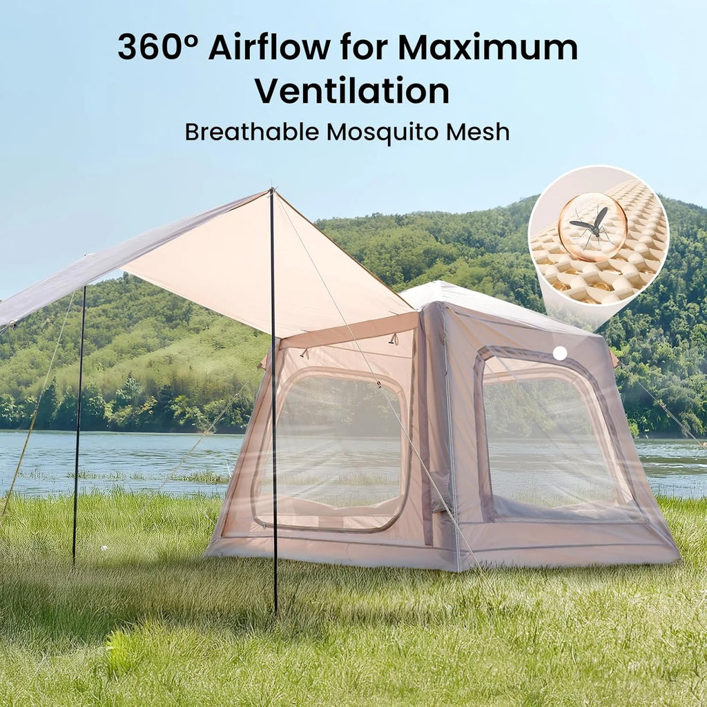 Zikebtuy 2/6/8 Person Inflatable Camping Tent, Easy Setup Blow Up Air Tent with Hand Pump, Waterproof 4-Season Glamping Tent with Large Mesh Windows & Oversized Canopy for Couples, Group & Family