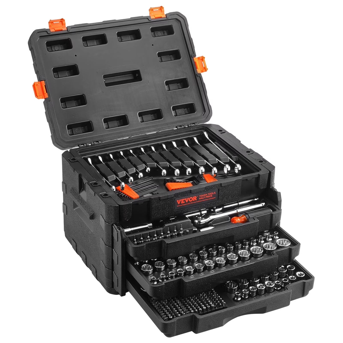 VEVOR Mechanics Tool Set and Socket Set, 1/4" 3/8" 1/2" Drive Deep and Standard Sockets, 450 Pcs SAE and Metric Mechanic Tool Kit with Bits, Hex Wrenches, Combination Wrench,Accessories,Storage Case