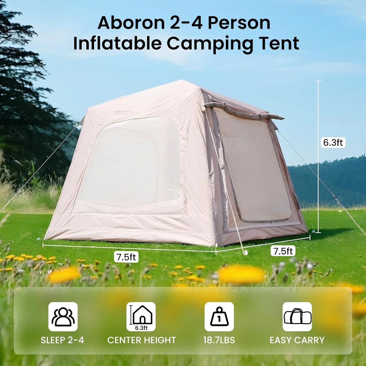 Zikebtuy 2/6/8 Person Inflatable Camping Tent, Easy Setup Blow Up Air Tent with Hand Pump, Waterproof 4-Season Glamping Tent with Large Mesh Windows & Oversized Canopy for Couples, Group & Family