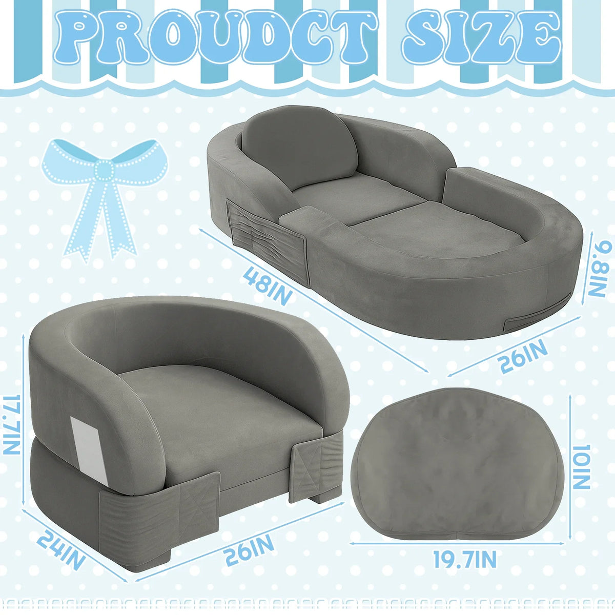 2026 NewCoumy Toddler Travel Bed 2-in-1 Kids Sofa Chair with Removable Cover, Soft Foam Portable Foldable Toddler Bed for Travel with Carrying Bag, Blue