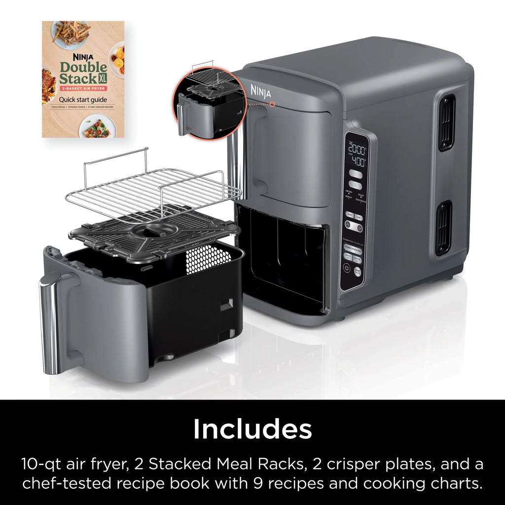 2026 NewNinja DoubleStack XL 2-Basket Air Fryer, DoubleStack Technology Cooks 4 Foods at Once, Space Saving Design, 10 QT, 4-in-1, Smart Finish & Match Cook, SL400