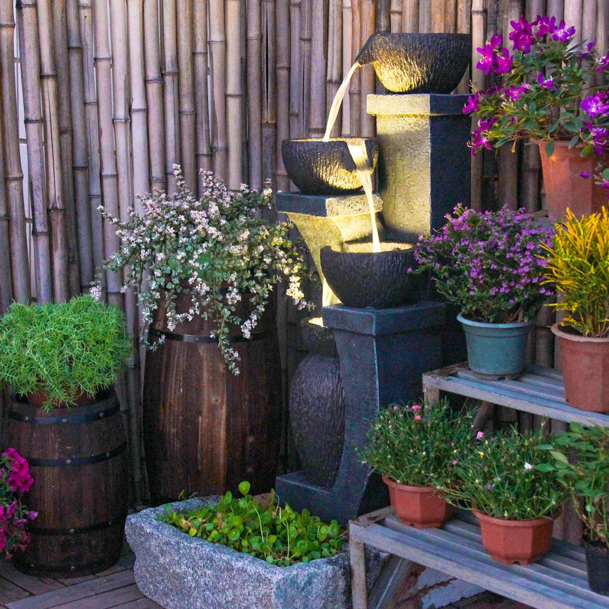 2026 New37.4" H Outdoor Water Fountain with 4 Crocks, Modern LED Lighted Garden Floor Fountain for Patios and Yards – Durable Resin Water Feature with Cascading Waterfall Design for Indoor/Outdoor Decor