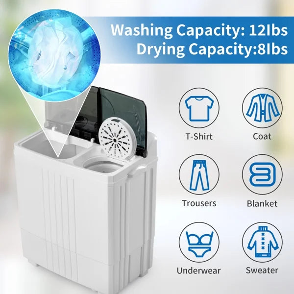 2026 New20Lb Twin Tub Washing Machine w/ Built-In Pump - Semi-Automatic 1300RPM Compact Washer for Apartment, Dorm, RV, Camping, White/Black