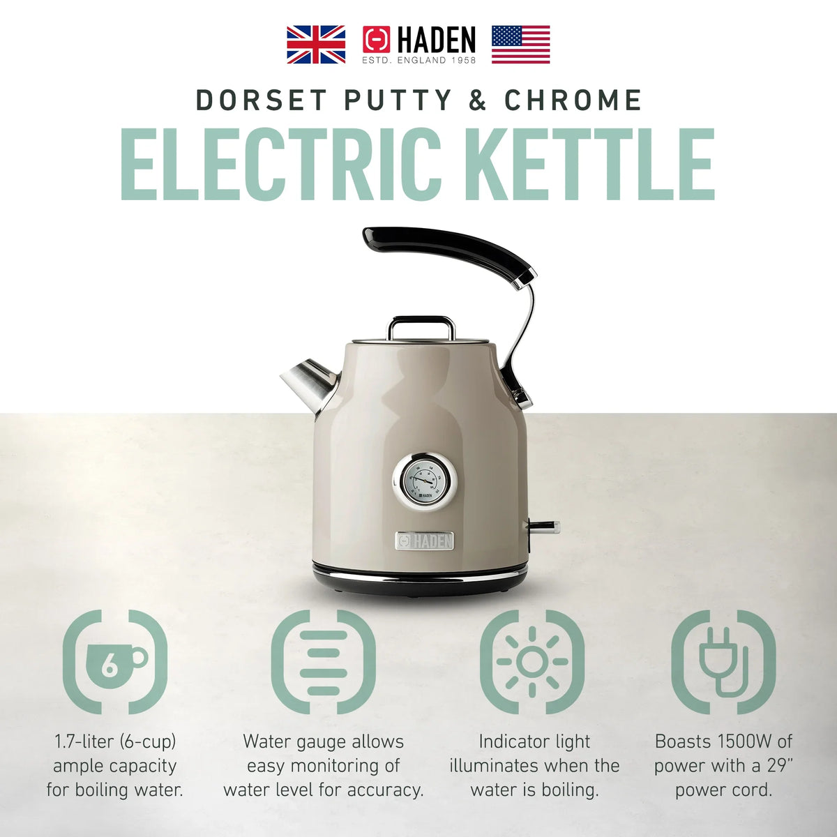 2026 NewHaden Dorset 1.7 Liter Electric Water Kettle with Base, Putty & Chrome