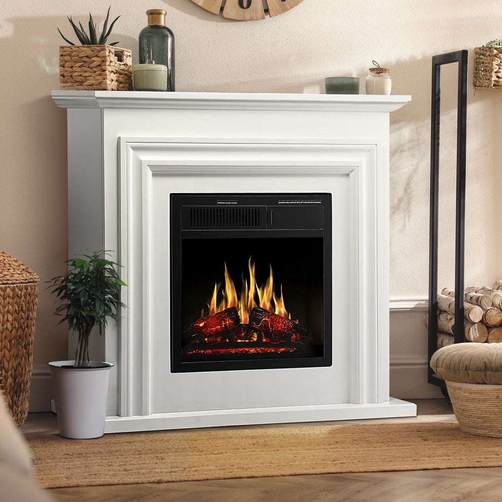 2026 NewKISSAIR Electric Fireplace Mantel Wooden Surround Firebox, Free Standing Fireplace, with Remote Control, Adjustable LED Flame, 750W/1500W -White