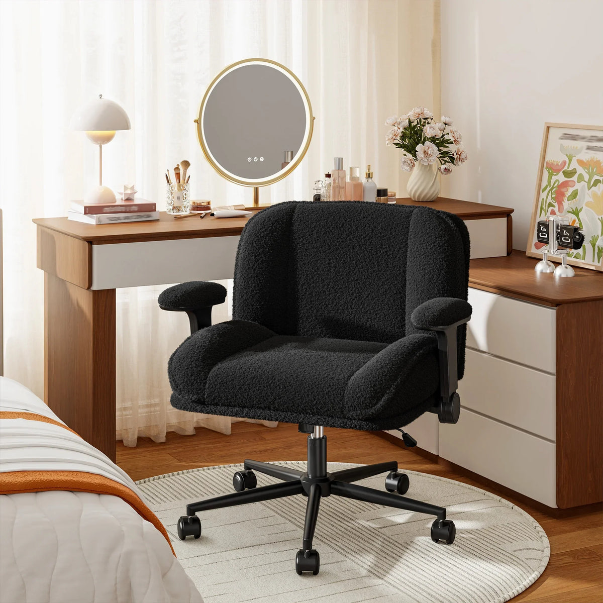 2026 NewRomorgniz Criss Cross Chair with Adjustable Arms & Lumbar Support Office Chair with Reclining Back, Thick Cushion & Wheels for Office, Gaming, Reading, Vanity, Off-White