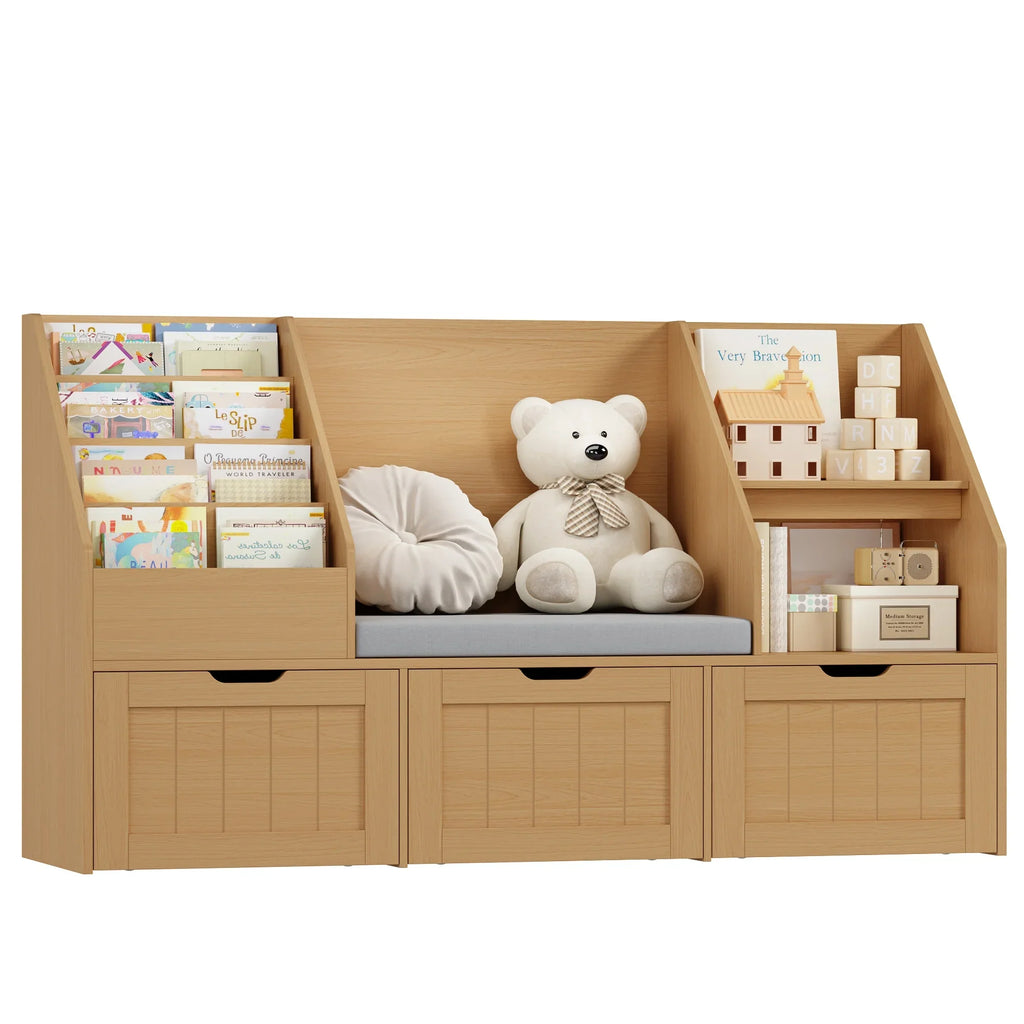 2026 NewHomfa Kids Bookshelf with Reading Nook & 3 Movable Drawers, 2 Cube Bookcase with 4-Tier Book Racks, Toy Storage Organizer for Playroom Bedroom, White
