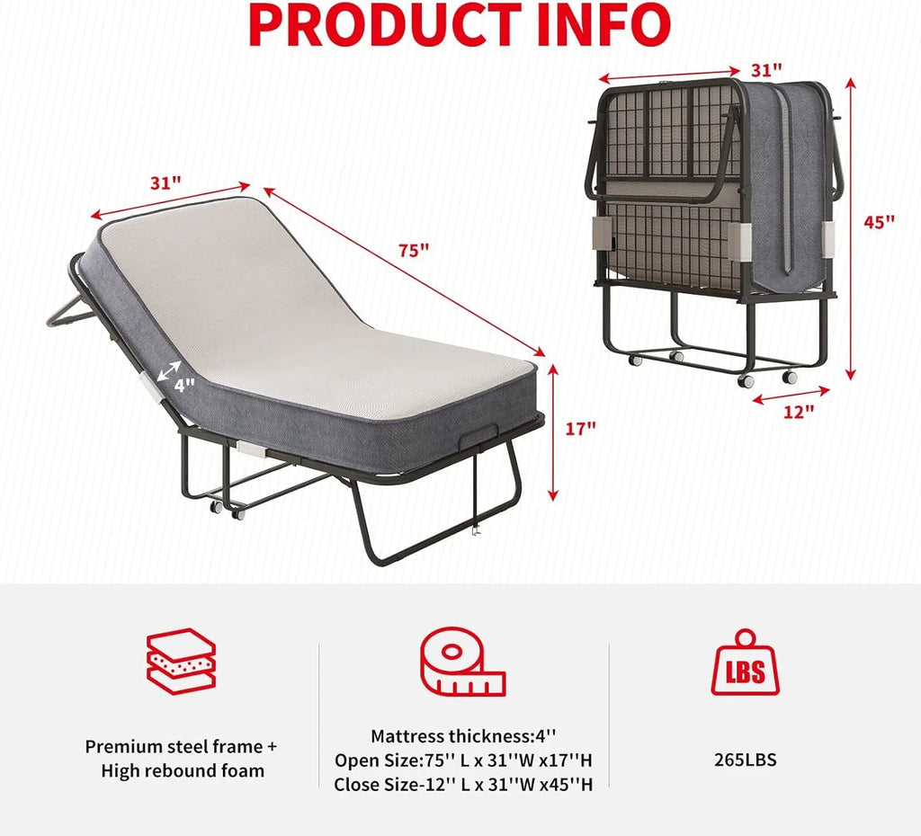 2026 NewPuremind Folding Bed with 4 Inch Foam Mattress, 75" x 31" Rollaway Bed for Adults, Portable Bed with Lockable Wheels, Easy Assembly & Moving, Standard