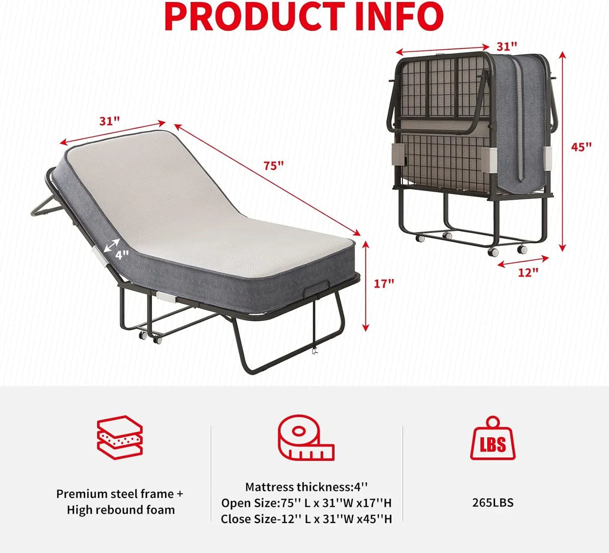 2026 NewPuremind Folding Bed with 4 Inch Foam Mattress, 75" x 31" Rollaway Bed for Adults, Portable Bed with Lockable Wheels, Easy Assembly & Moving, Standard