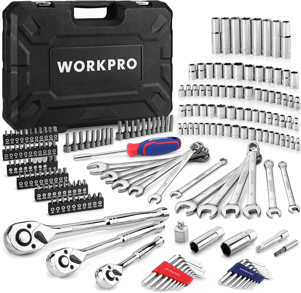 WORKPRO Mechanics Tools Kit and Socket Set, 192-Piece, SAE&Metric, 1/2'', 1/4'', 3/8'' Drive Socket Ratchet Wrench Set with Molded Case