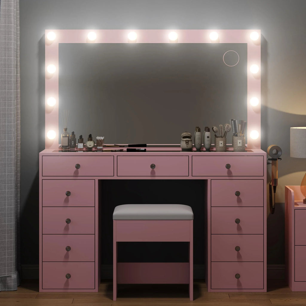 2026 NewWhite Vanity Desk with Illuminated Mirror & Power Outlet, 11 Drawers Vanity Table with Chair, Makeup Vanity with 12 LED Lights, Tempered Glass Top, Dressing Table for Bedroom,Dressing Room