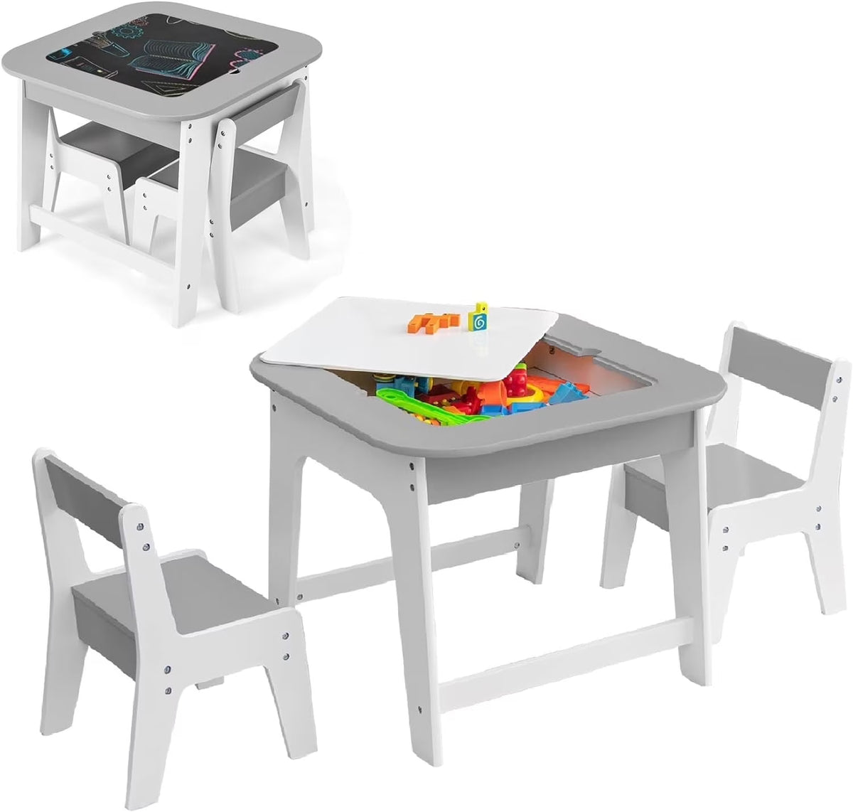 2026 NewOLAKIDS Kids Table and Chair Set, 3 in 1 Wooden Activity Table with Removable Tabletop, Blackboard and Whiteboard for Toddlers Arts Crafts Drawing Reading Playing, Playroom Nursery (Natural)