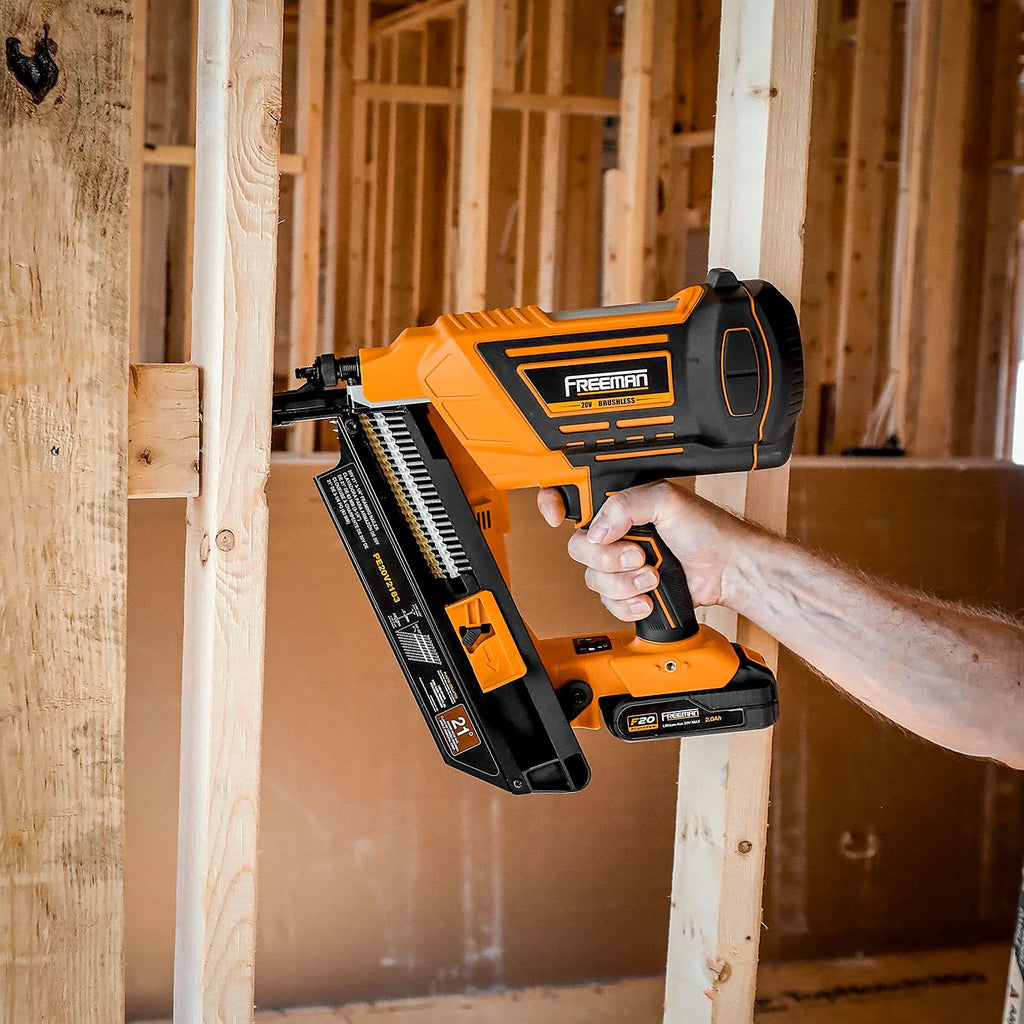 Freeman PE20V2183 20 Volt Cordless and Brushless 21 Degree 3-1/4" Framing Nailer Kit with Lithium Ion Battery, Charger, and Bag -C 750 Shots per Charge