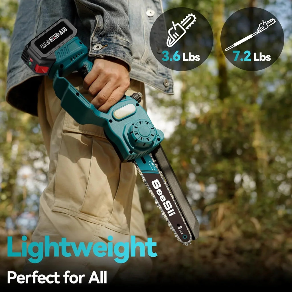 2026 NewSeesii 2-in-1 Cordless Pole Saw, 8 Inch Brushless Mini Chainsaw with Extension Pole, 16ft Max Pole Saws with 2x 21V Batteries for Tree Trimming, Branches Pruning, Wood Cutting