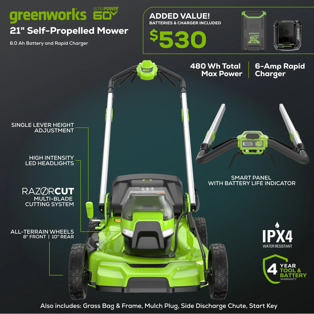 2026 NewGreenworks 60V 21" Self Propelled Lawn Mower with (1) 8.0 Ah Battery & Rapid Charger 2546402