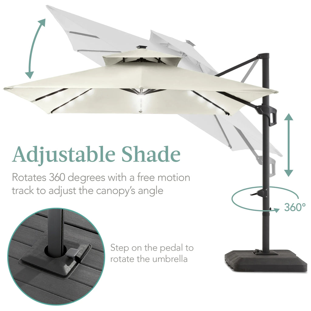 2026 NewBest Choice Products 10x10ft 2-Tier Square Outdoor Solar LED Cantilever Patio Umbrella w/ Base Included - Tan