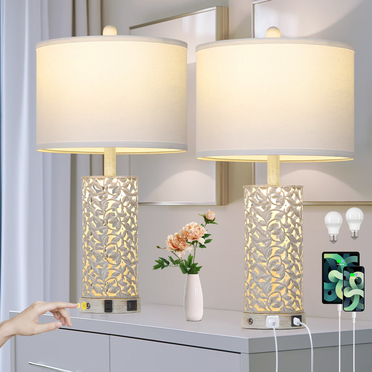 2026 NewCinkeda Table Lamp Set of 2 for Living Room Bedroom with USB Ports AC Outlet 3 Way Dimmable Touch Nightlight Farmhouse White Floral Nightstand Bedside Lamps