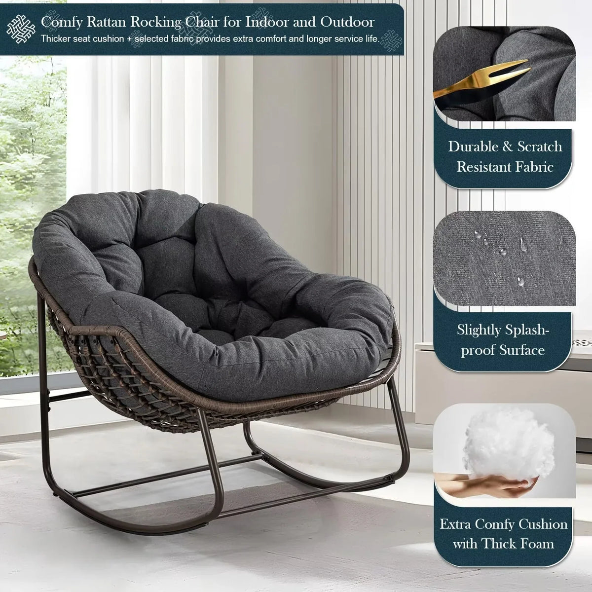 2026 NewOutdoor Papasan Rocking Chair, Patio Oversized Wicker Egg Rocking Chair, Indoor & Outdoor Comfy Rocker Chair with Thick Cushion, Modern Lounge Chair for Front Porch, Garden, Backyard, Grey