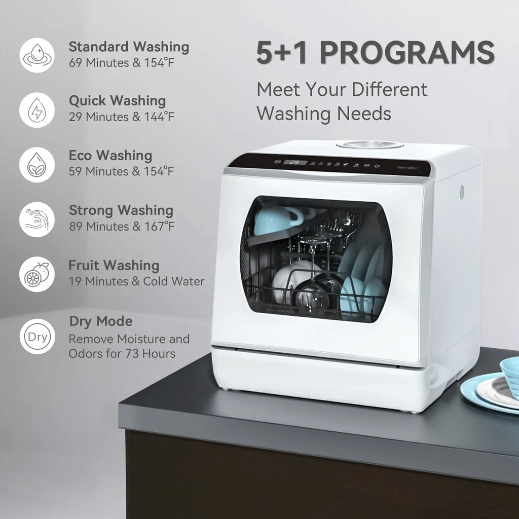 2026 NewHermitlux Portable Countertop Dishwasher, 5 Washing Programs, 5L Built-in Water Tank and Air-Dry Function, HMX-DW03