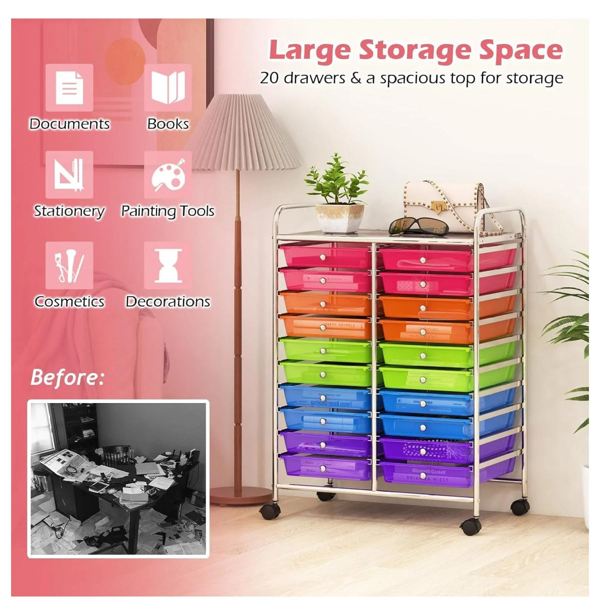 2026 New20 Drawers Storage Cart w/Rolling Wheels, Semi-Transparent Mobile Rolling Drawer Cart for School Classroom Office Home Salon, Files Scrapbook Craft Organizer, Utility Cart on Wheels (Clear)