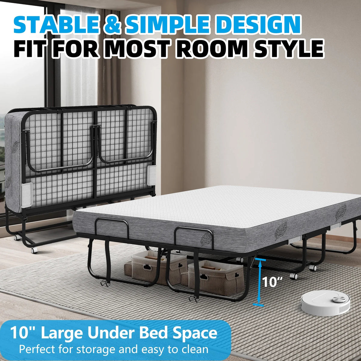 2026 NewFolding Bed with Mattress 75" x 31" Cot Size Folded Bed, Rollaway Guest Bed Portable Foldable Extra Bed for Adults Daybed with 5" Memory Foam Mattress Space-Saving Sturdy Metal Grid Frame