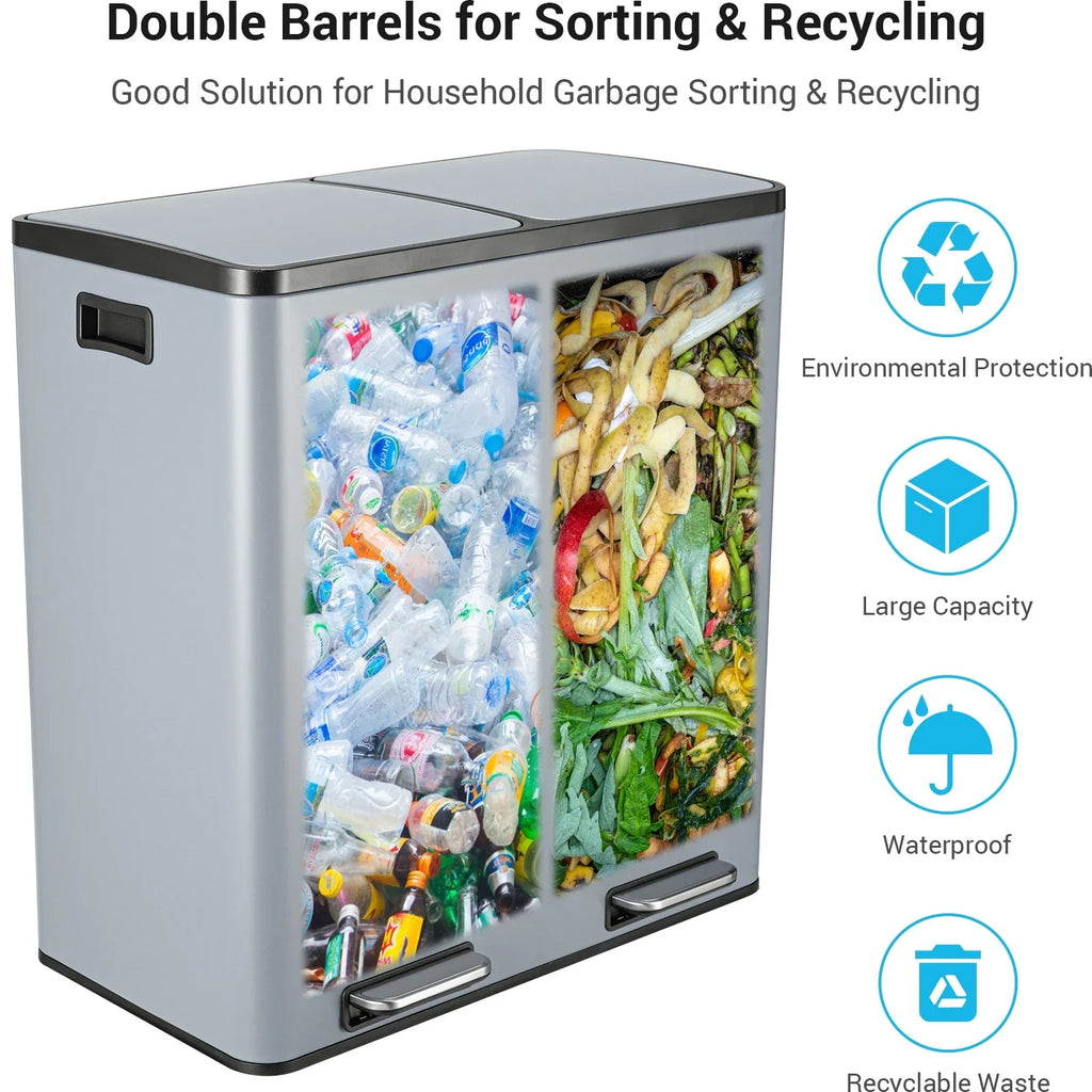 2026 NewLAZY BUDDY Dual Garbage Can, Stainless Steel 16 Gallon Step Kitchen Trash Can with Soft-Close Lid, Double Compartment Garbage Recycling Bin